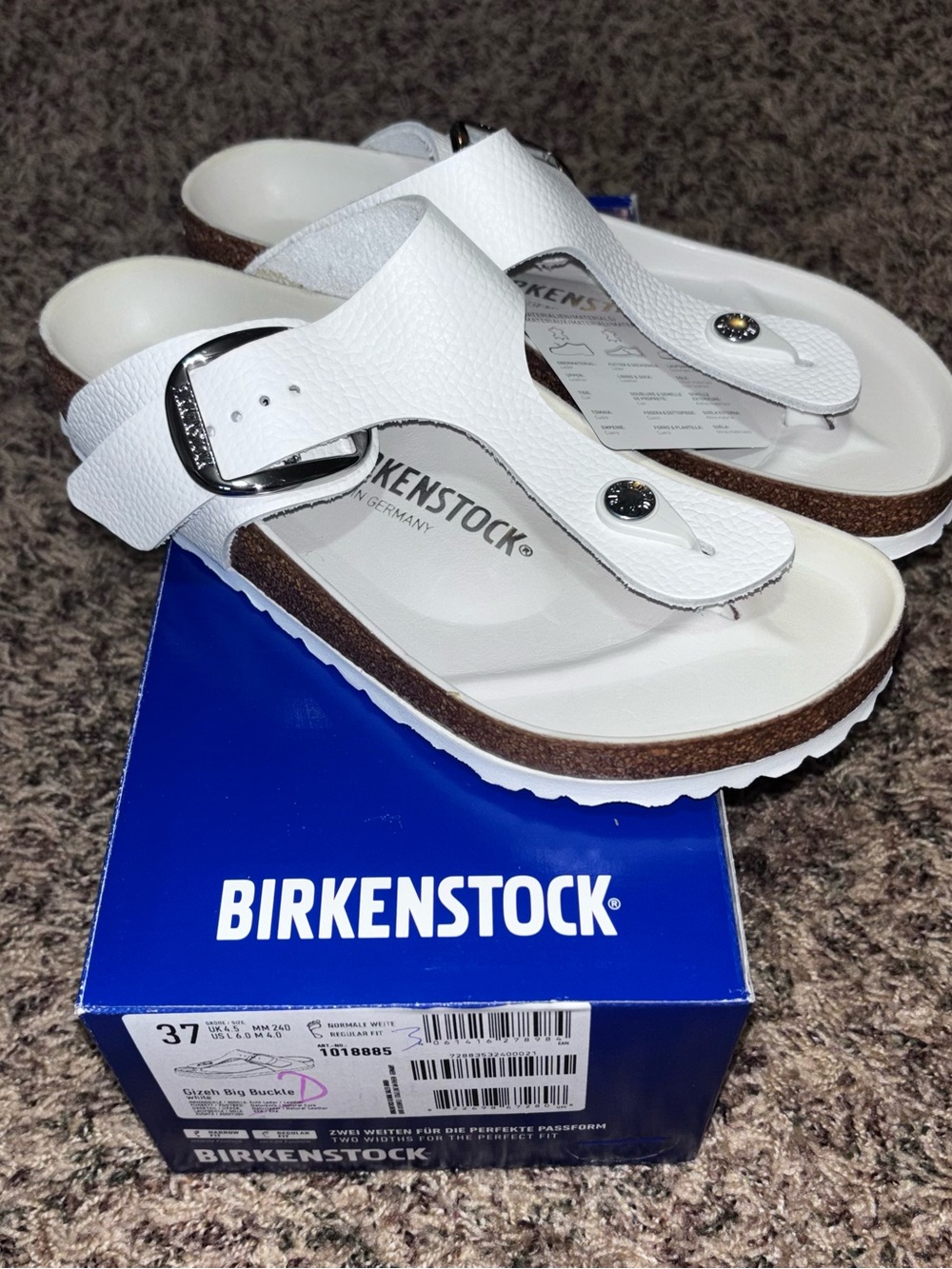 Birkenstock Womens Gizeh Big Buckle Sandals Size 37 6 White Leather Thong Slides